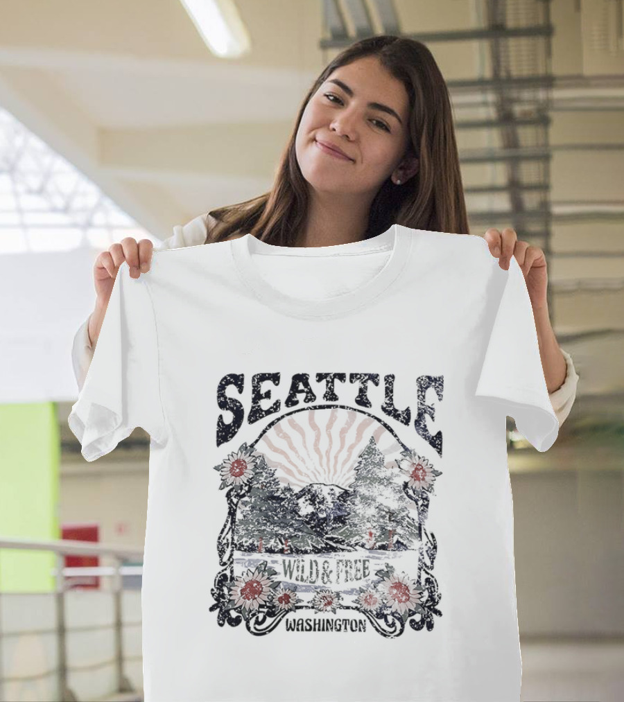 Seattle Washington Wild And Free Sunrise Trees Flowers T-Shirt