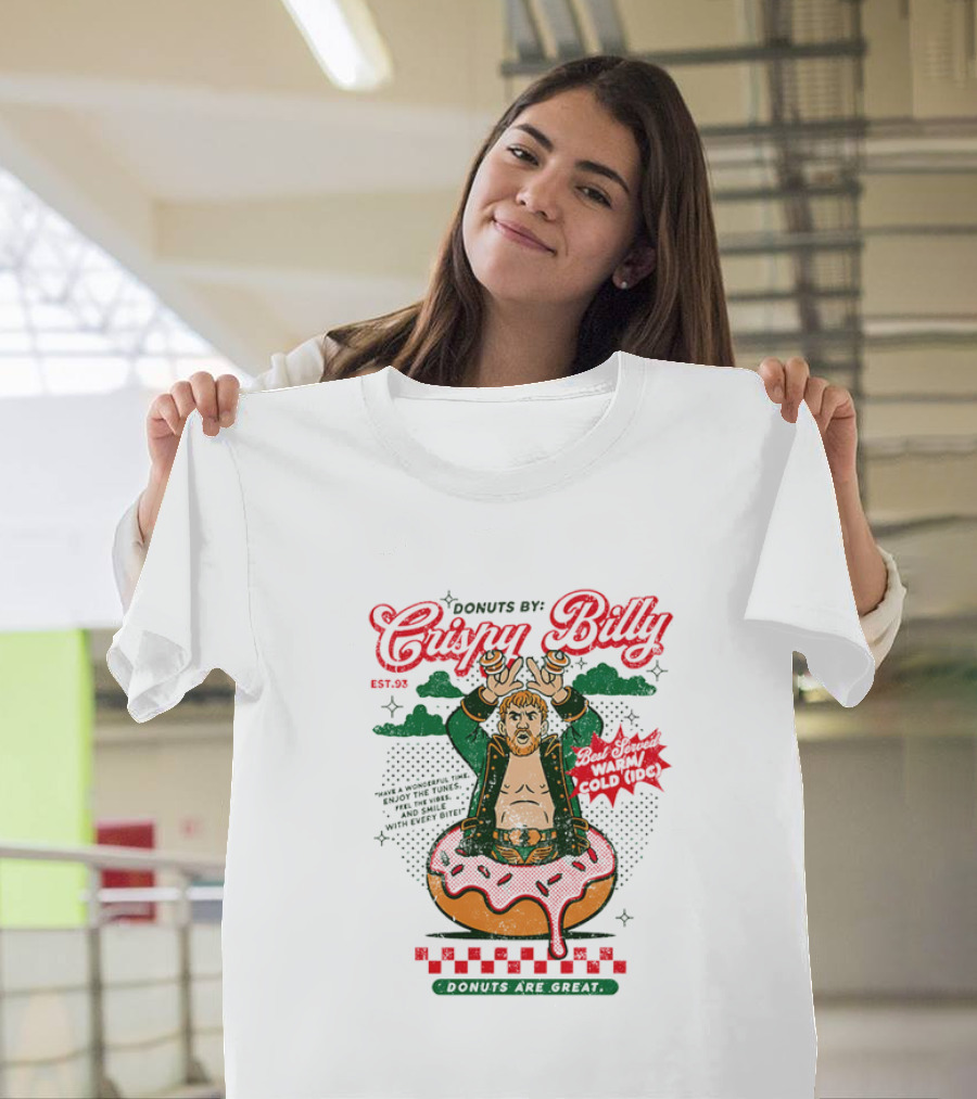 Donuts by Crispy Billy Est. 93 Warm and Delicious Retro Cartoon Wrestler T-Shirt