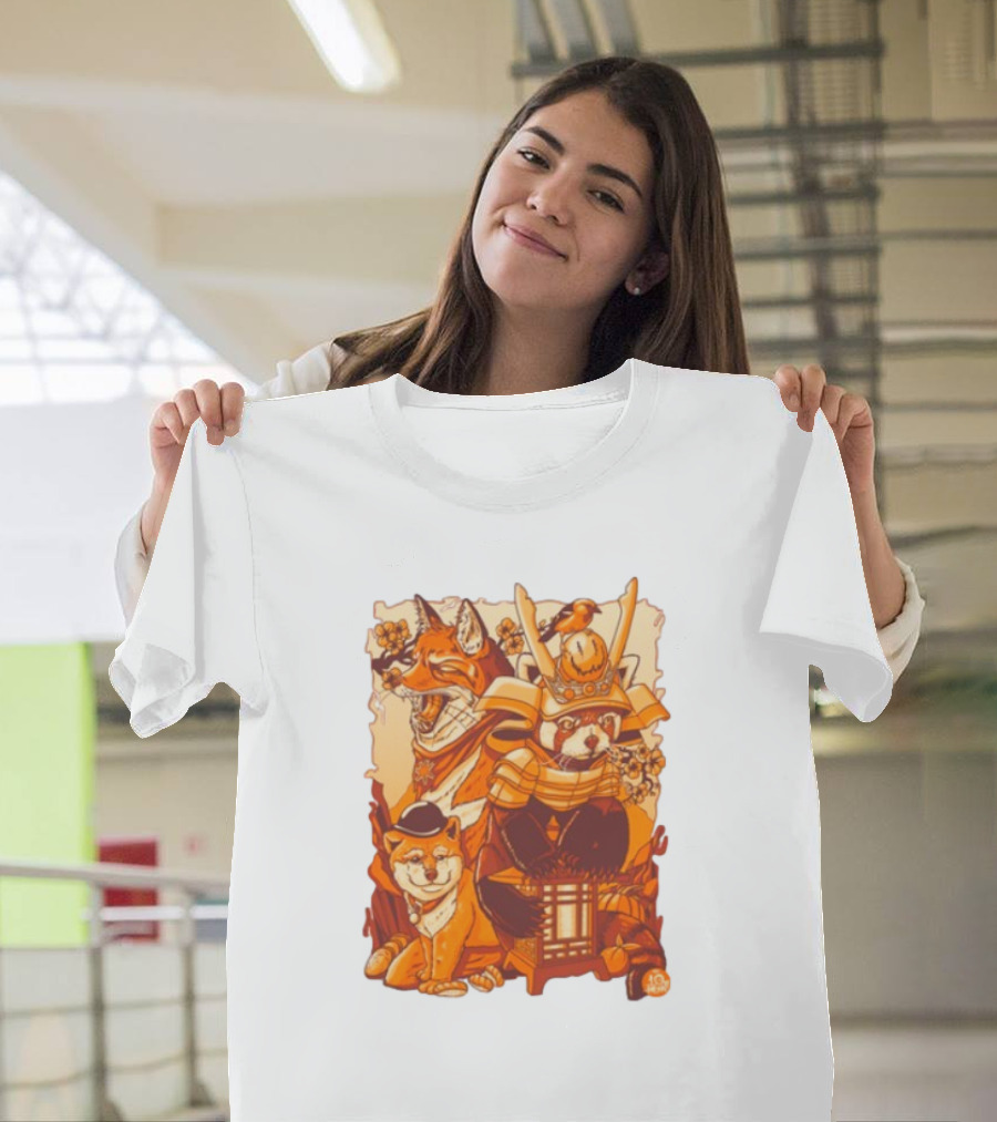 Tenhun Orange Fuzz Fox and Samurai Red Panda with Lantern T-Shirt
