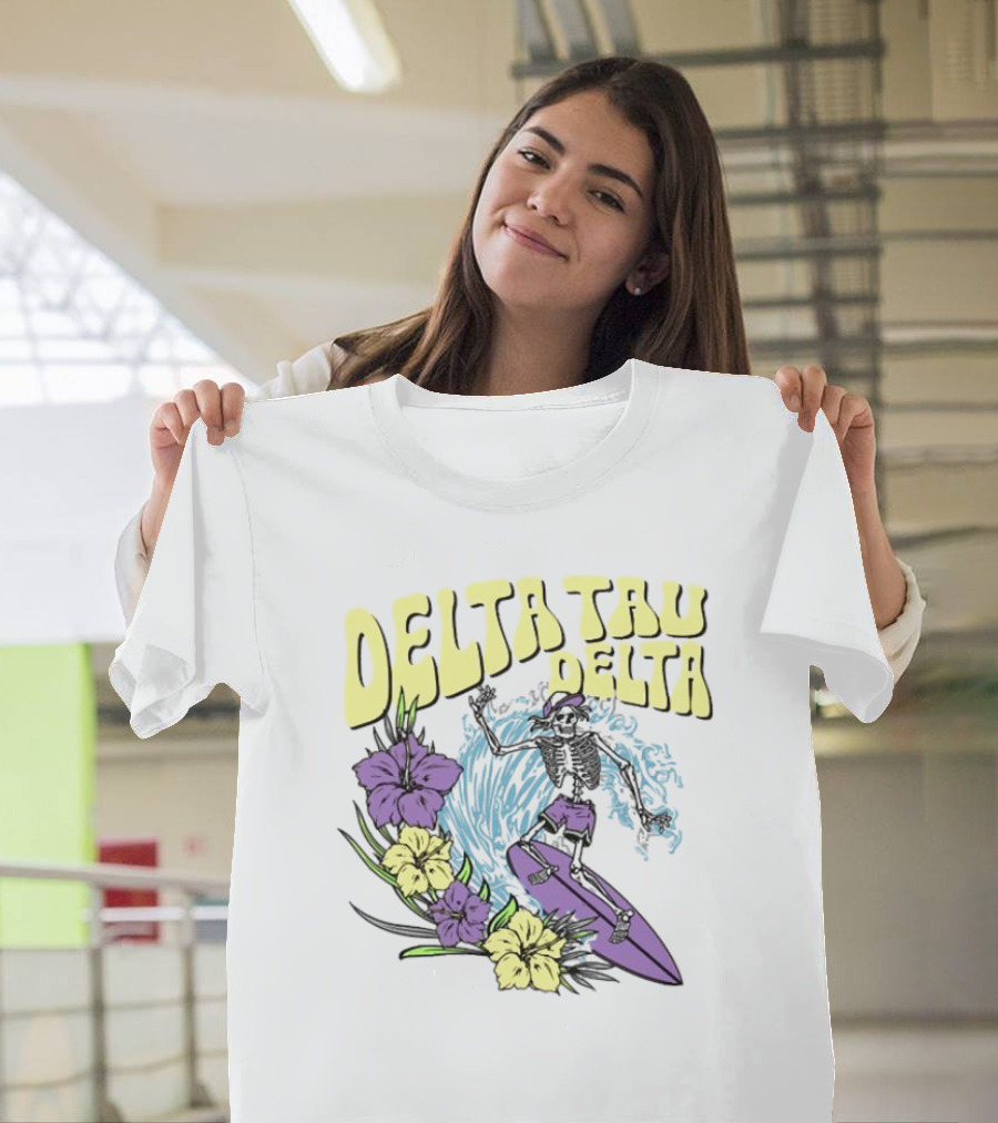 Delta Tau Delta Ride the Wave Skeleton Surfing with Floral Accents T-Shirt