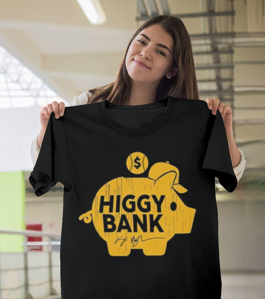 Higgy Bank Piggy Bank Graphic Baseball Theme with Signature and Dollar Sign T-Shirt