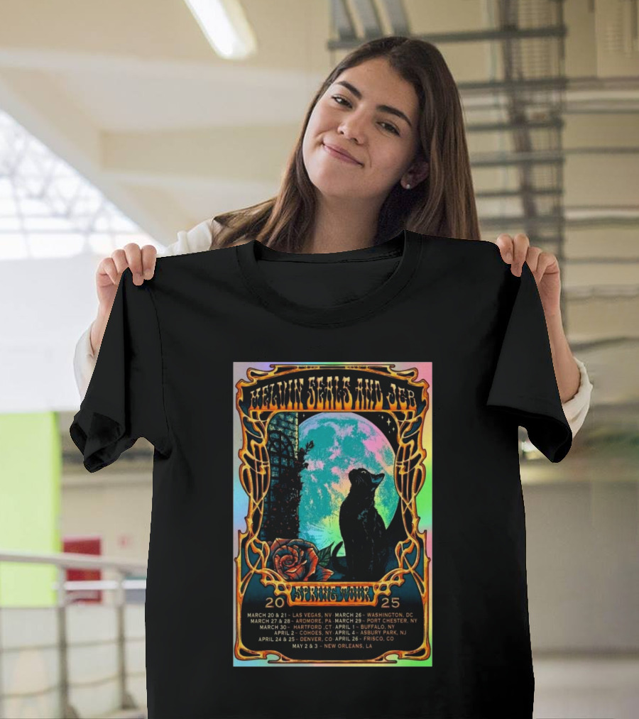 Melvin Seals JGB Spring Tour 2025 Las Vegas New Orleans Artwork Rose Cat Moon Dates T-Shirt