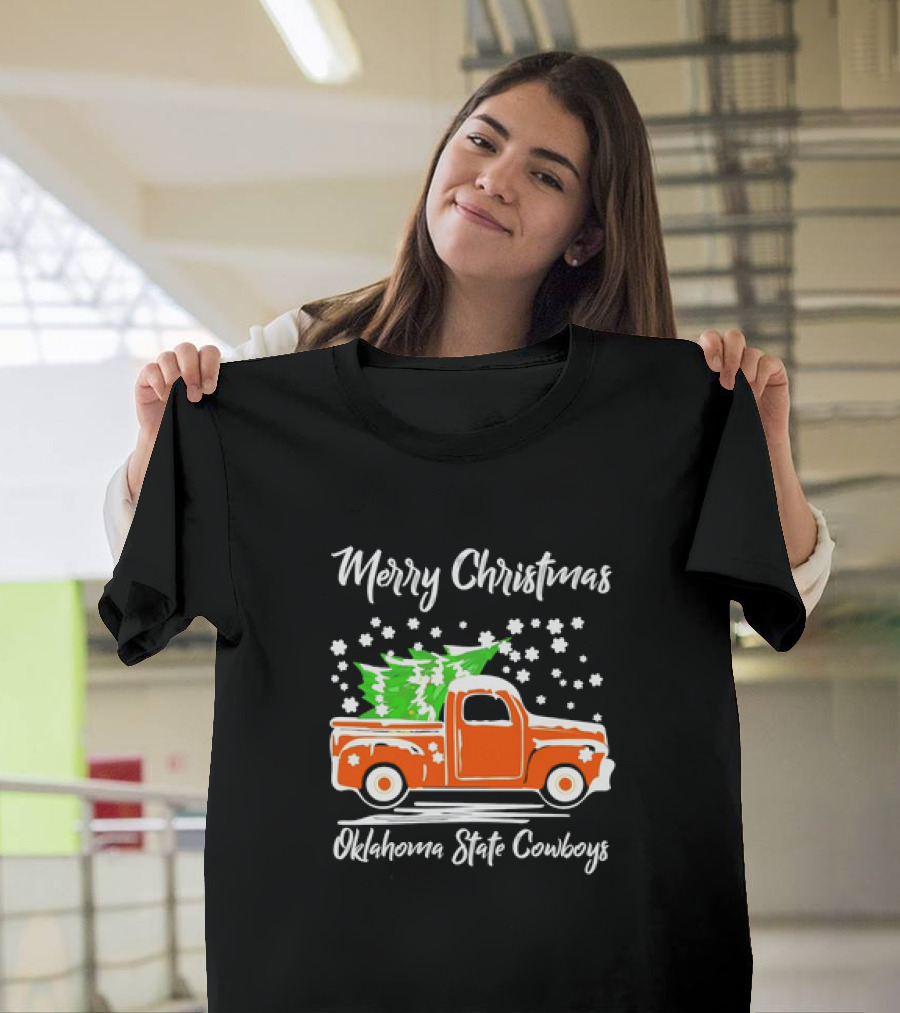 Merry Christmas Oklahoma State Cowboys Orange Truck Snowflakes Green Trees T-Shirt