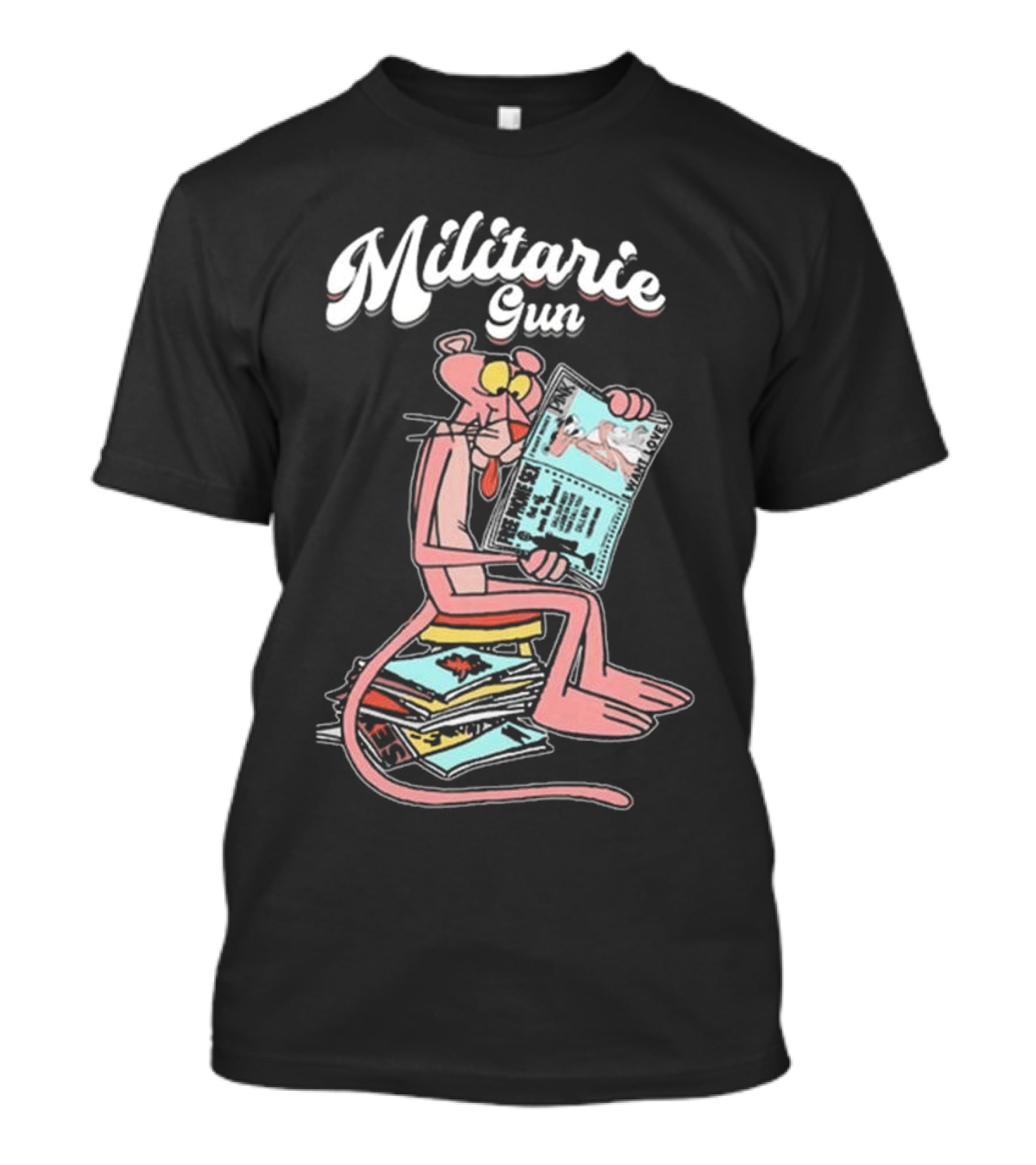 Militarie Gun Pink Panther Reading Comics T-Shirt