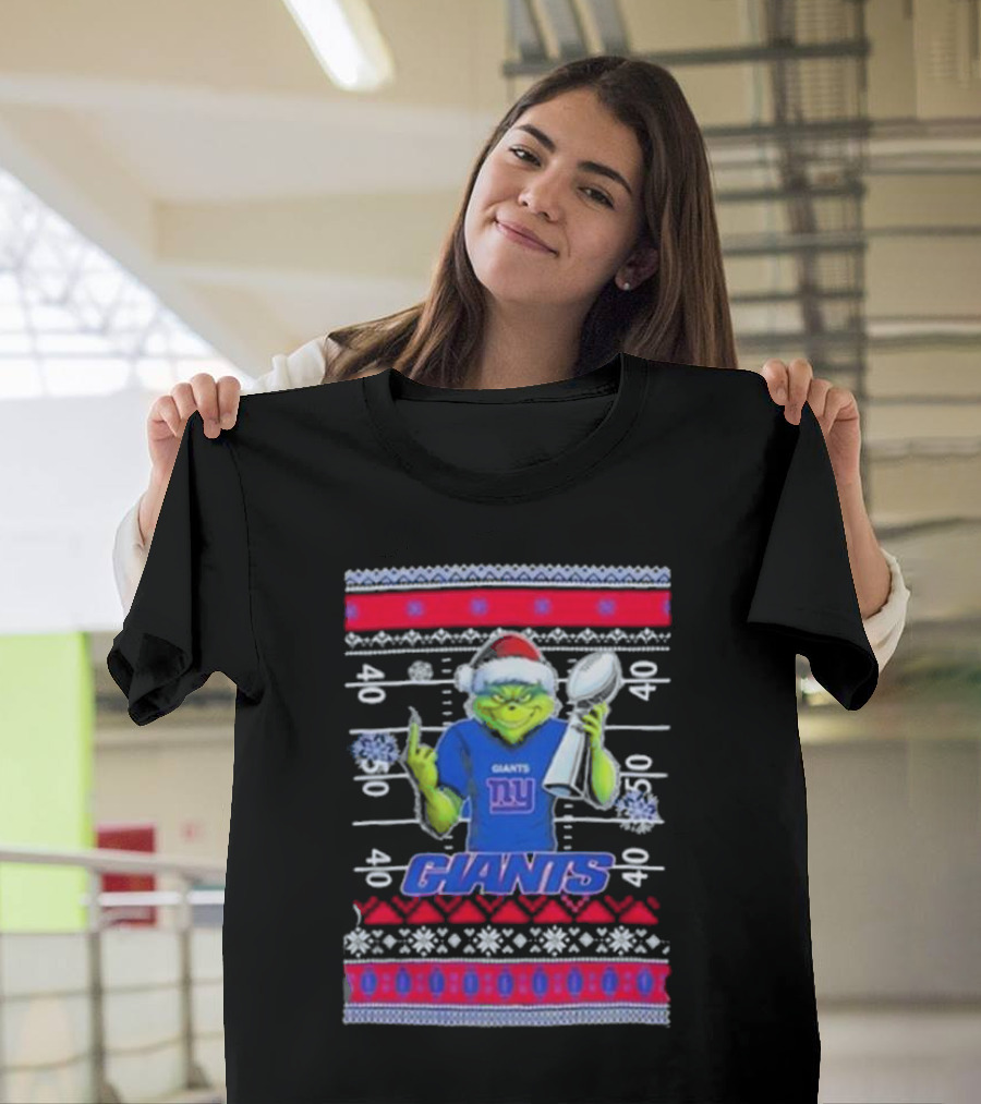 New York Giants Grinch Christmas with Lombardi Trophy Ugly Sweater T-Shirt