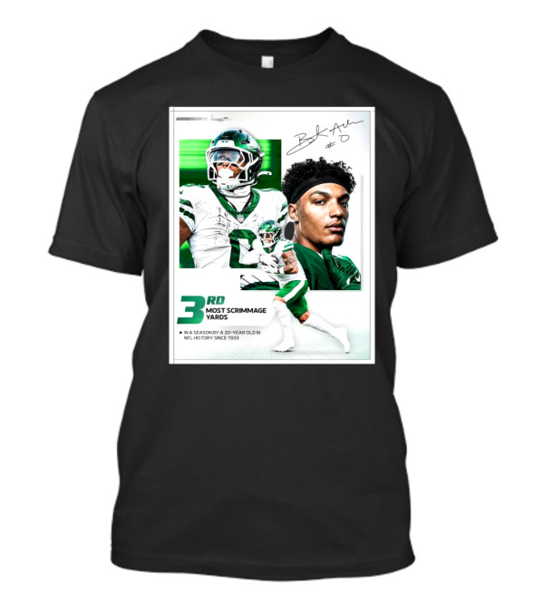 New York Jets Braelon Allen 3rd Most Scrimmage Yards Season 20-Year Old NFL History Since 1933 Signature T-Shirt