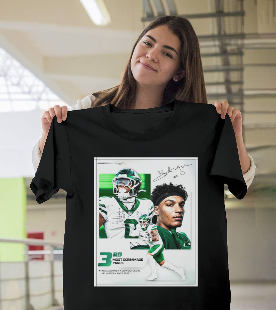 New York Jets Braelon Allen 3rd Most Scrimmage Yards Season 20-Year Old NFL History Since 1933 Signature T-Shirt