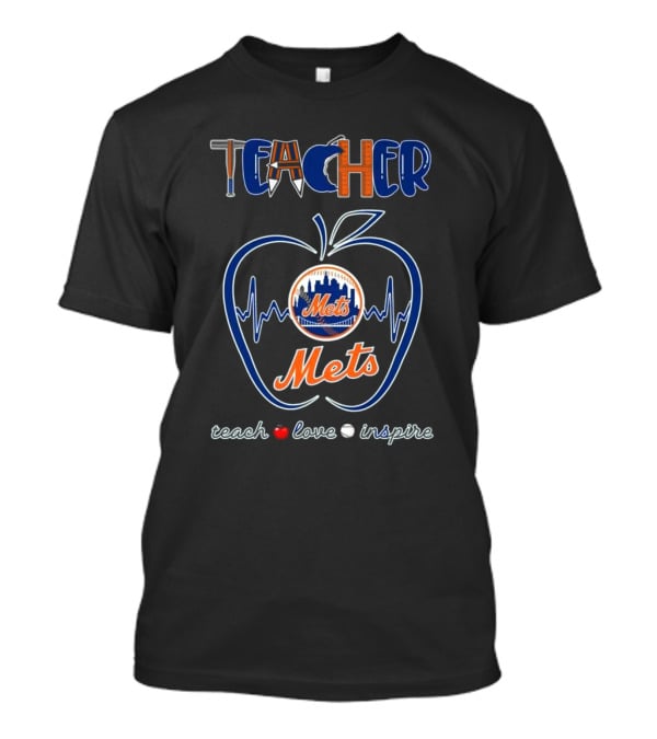 New York Mets Teacher Heartbeat Apple Teach Love Inspire 2025 T-Shirt