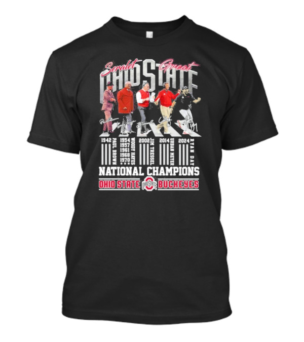 Scarlet And Gray Ohio State Buckeyes Coaches Abbey Road National Champions T-Shirt