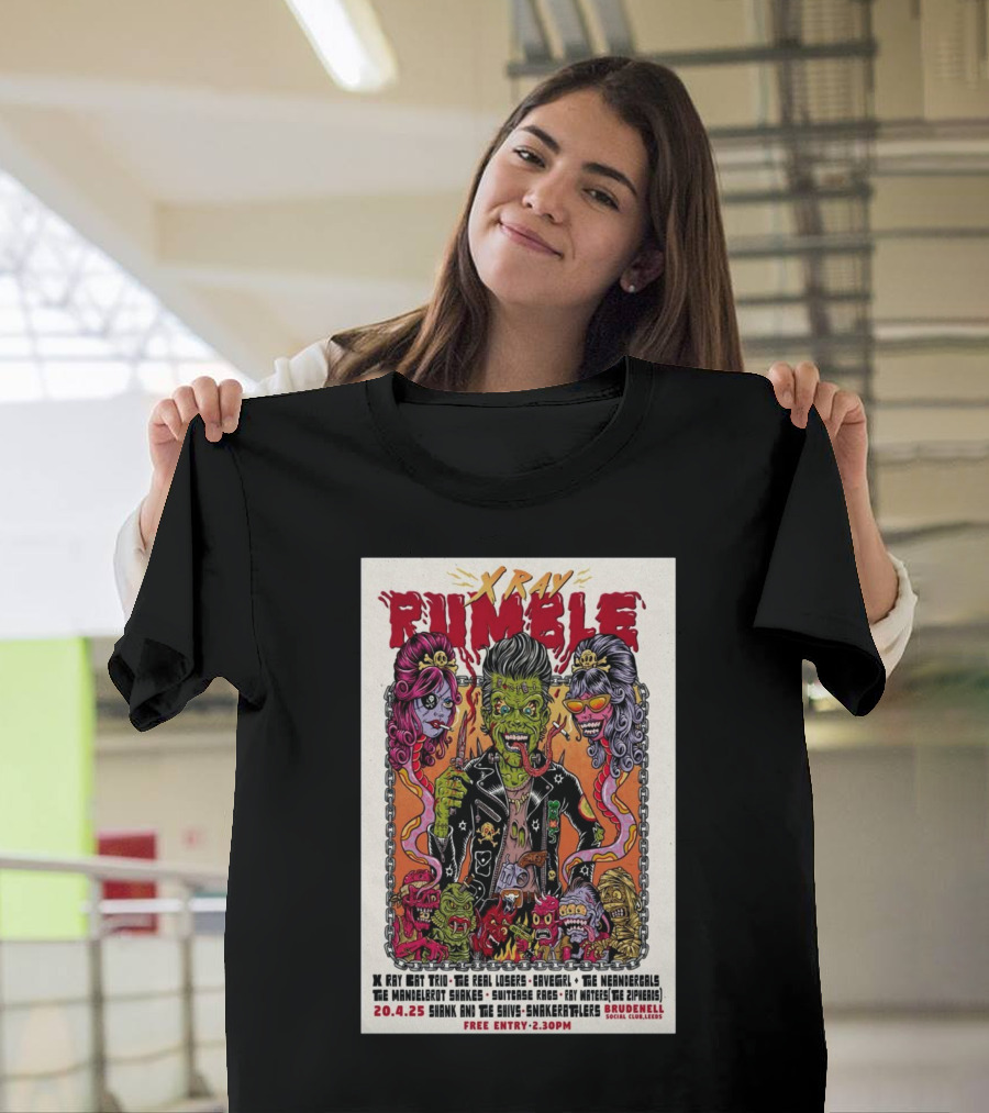 Xray Rumble April 4 2025 Leeds UK X Ray Cat Trio The Real Losers Cavegirl The Neandergals The Mandelbrot Shakes T-Shirt