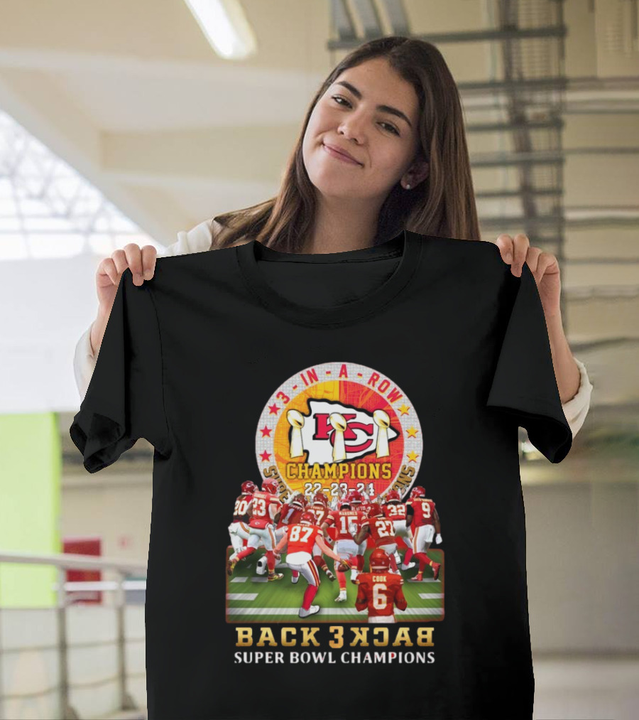 3 In A Row Kansas City Chiefs 22-23-24 Super Bowl Champions Back 2 Back T-Shirt