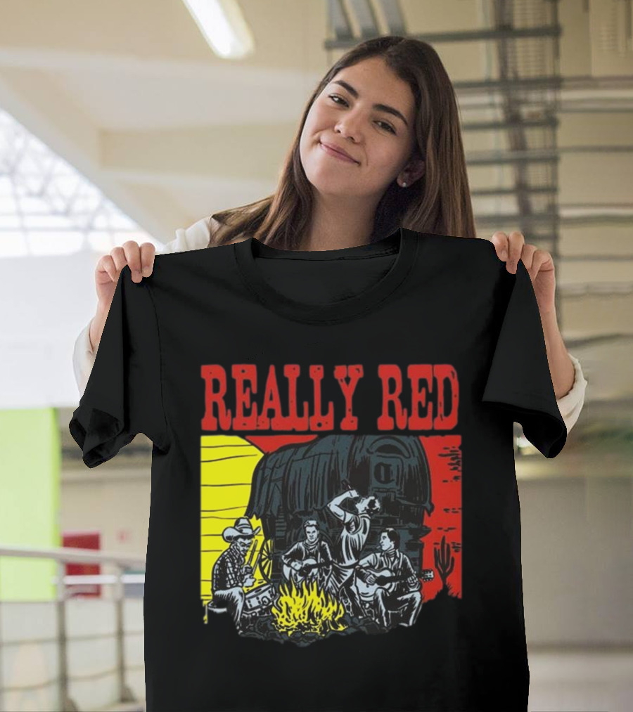 Really Red Cow Punks Campfire Scene With Musical Cowboys And Wagon T-Shirt