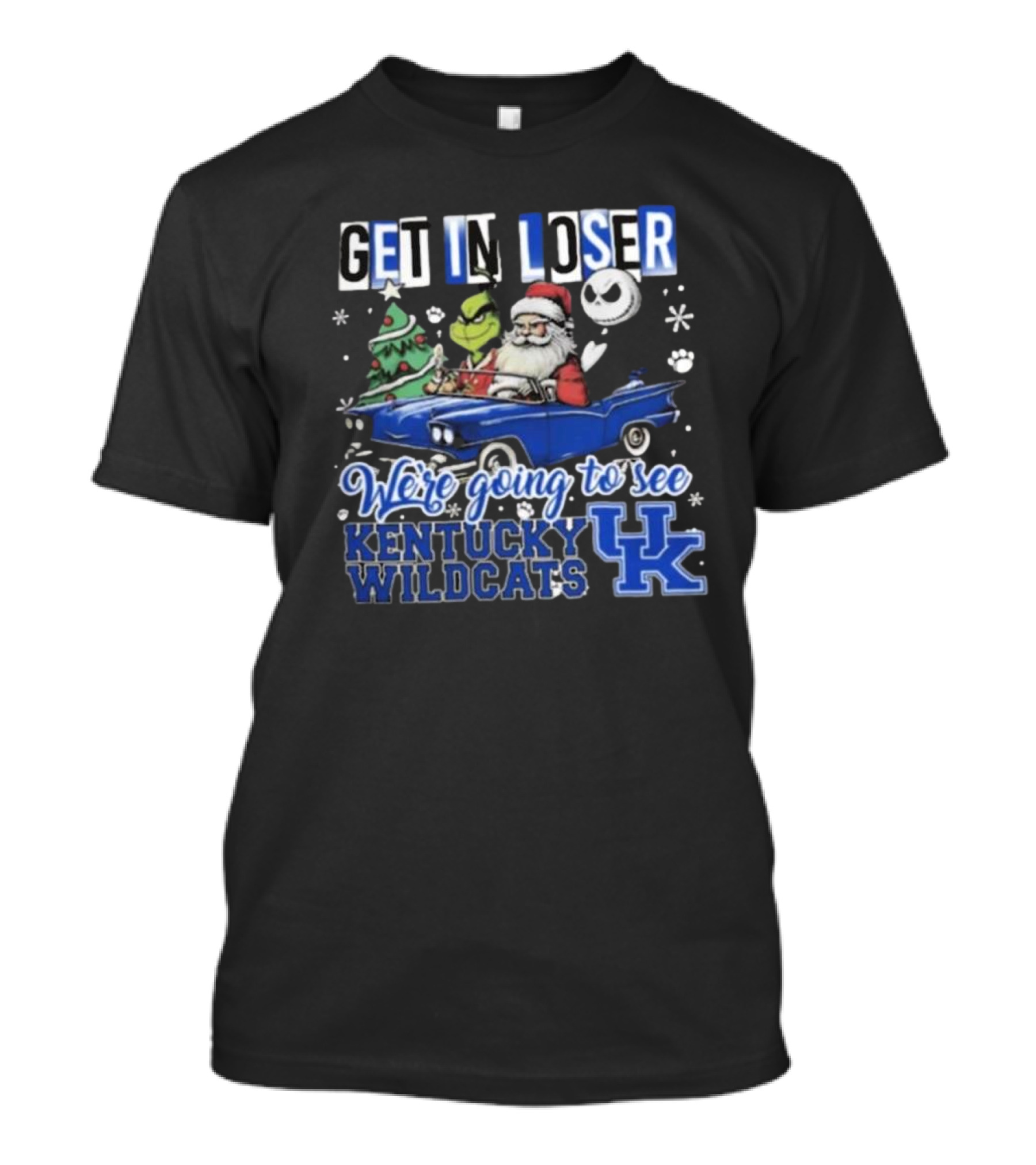 Get In Loser Santa Grinch Jack Skellington Driving Car Kentucky Wildcats Christmas T-Shirt