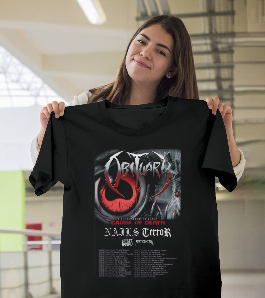 Obituary Cause of Death Celebrating 35 Years Tour 2025 Nails Terror SpiritWorld Pest Control T-Shirt