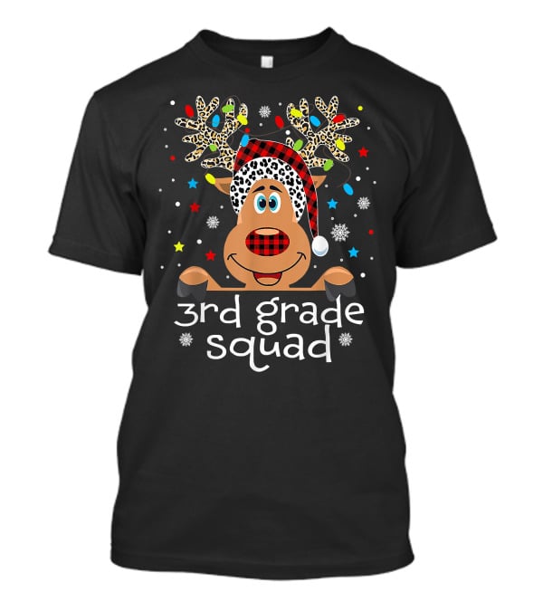 3rd Grade Squad Santa Hat Plaid Reindeer Christmas Teacher T-Shirt