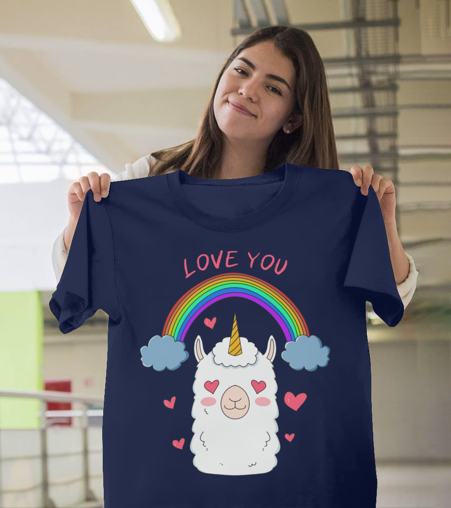 Love You Alpaca Unicorn Rainbow Cloud Hearts T-Shirt