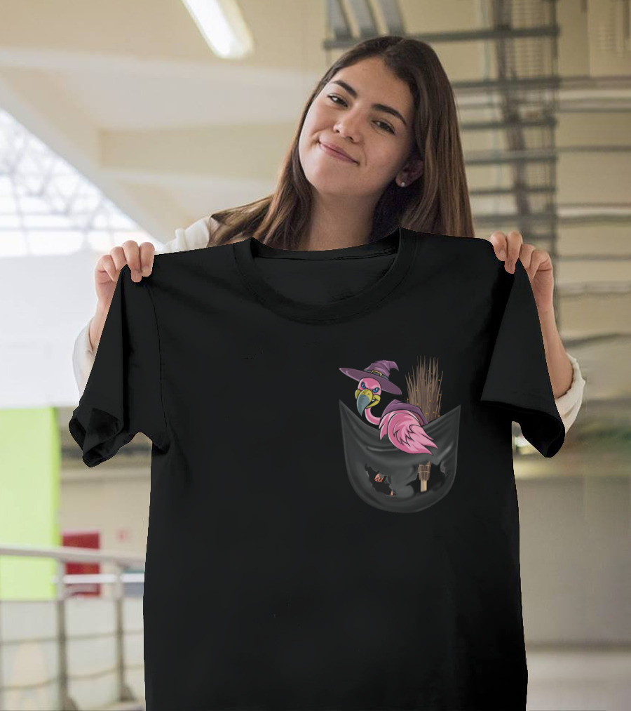 Flamingo in Witch Hat on Broomstick in Halloween Pocket T-Shirt