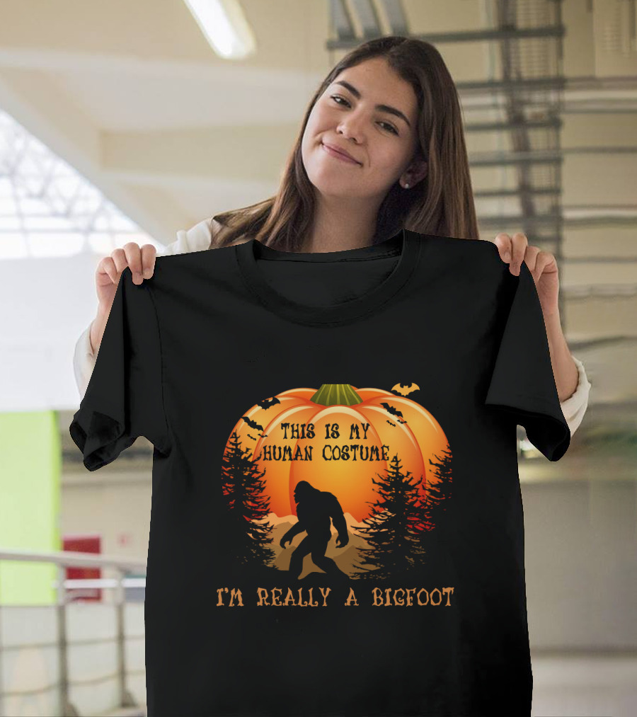 This Is My Human Costume I'm Really A Bigfoot Halloween Pumpkin Silhouette With Bats And Trees T-Shirt