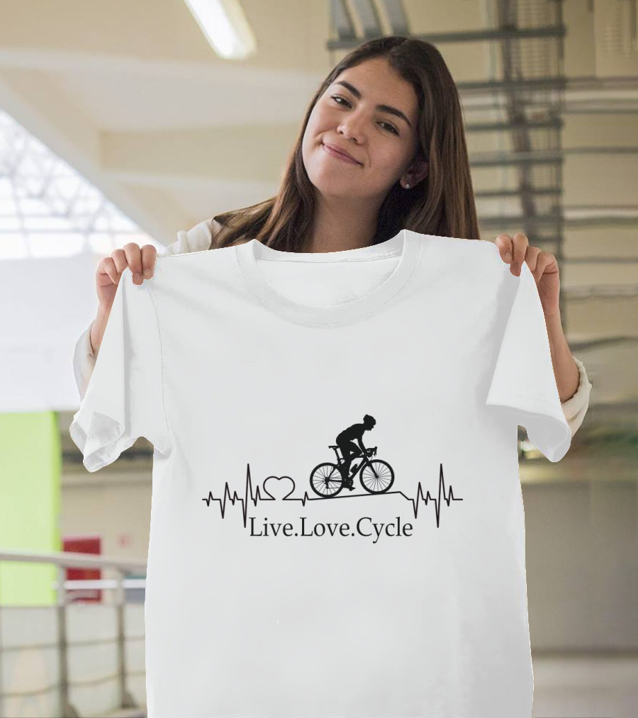 Live Love Cycle Heartbeat Silhouette with Bike Rider T-Shirt