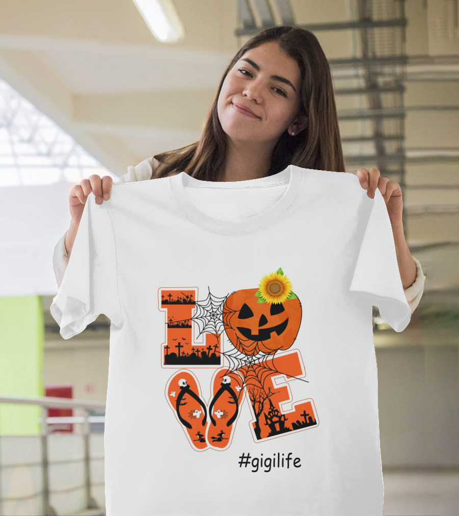 Love Pumpkin Halloween Theme #GigiLife With Spider Web And Sunflower T-Shirt
