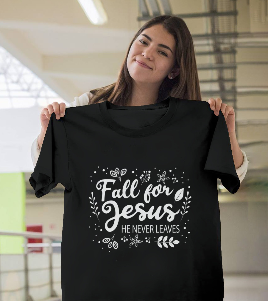 Fall for Jesus He Never Leaves Floral and Leaf Motif T-Shirt