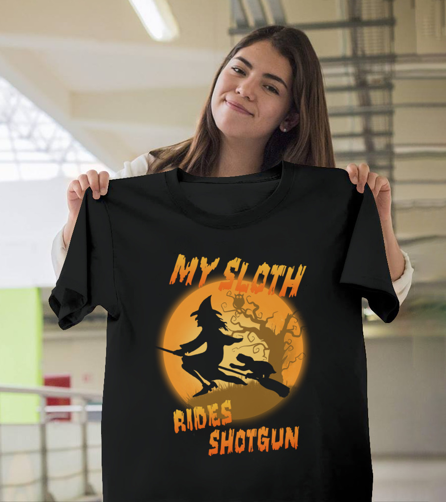 My Sloth Rides Shotgun Witch and Sloth Flying on Broomstick Full Moon T-Shirt