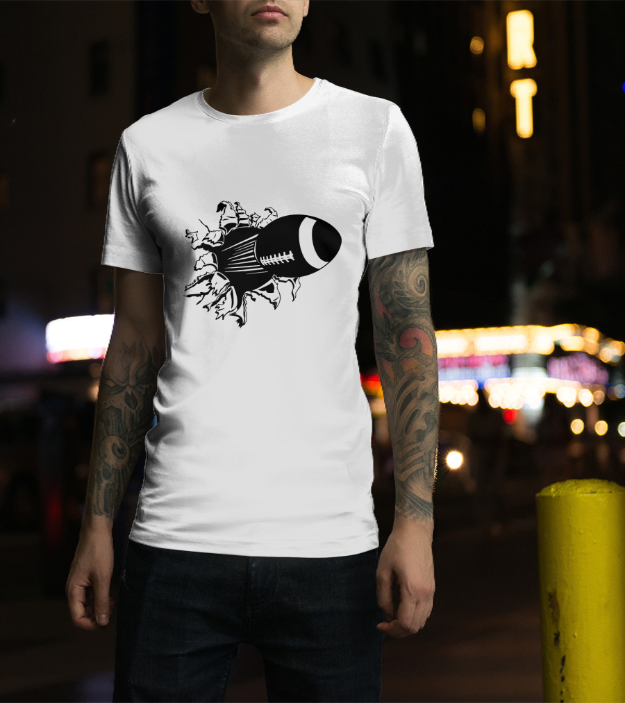Flying American Football Breaking Through Barrier T-Shirt