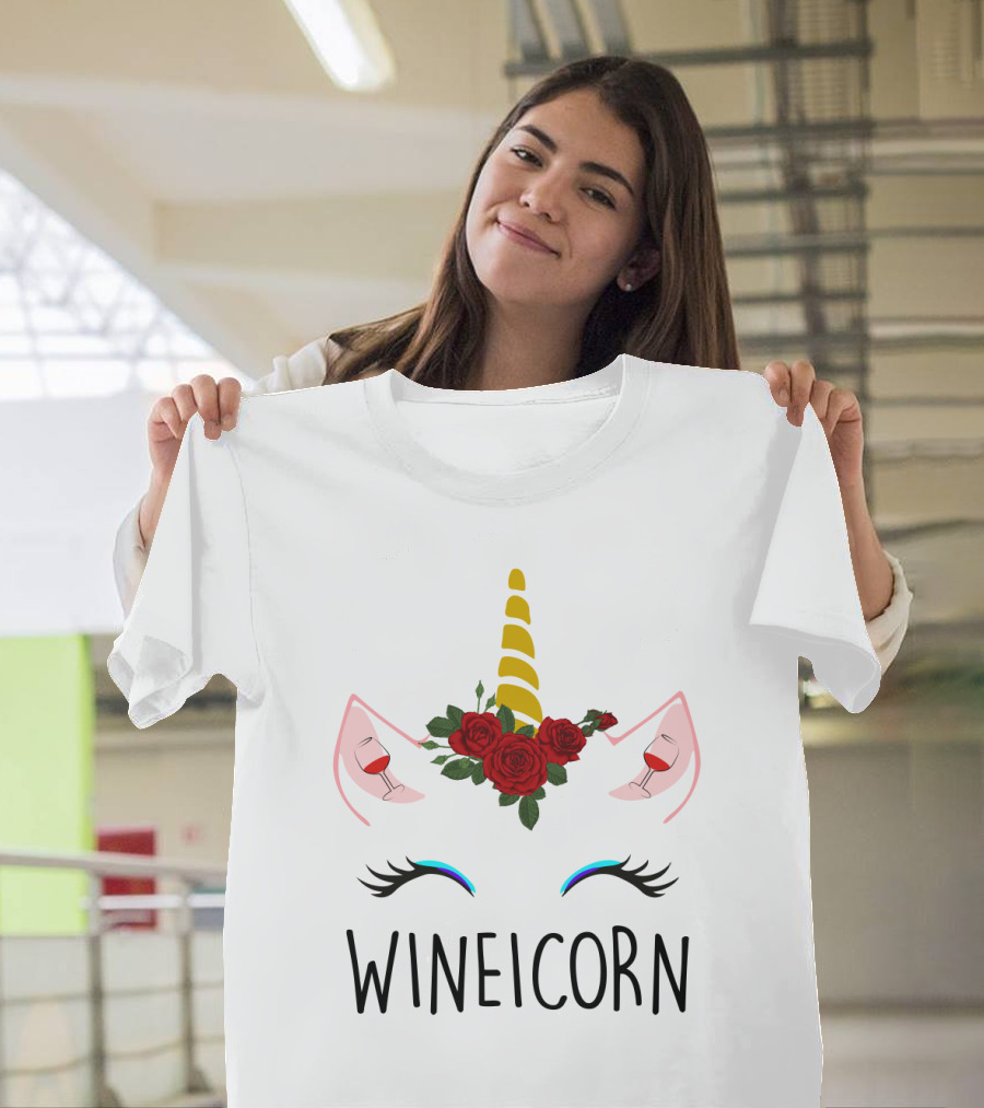 Wineicorn Unicorn With Wine Glass Rose Crown T-Shirt