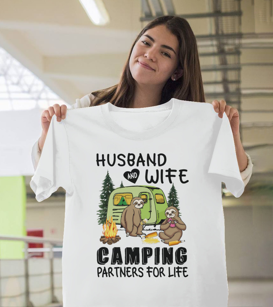 Sloth Lovers Husband And Wife Camping Partners For Life With Campfire Scene T-Shirt