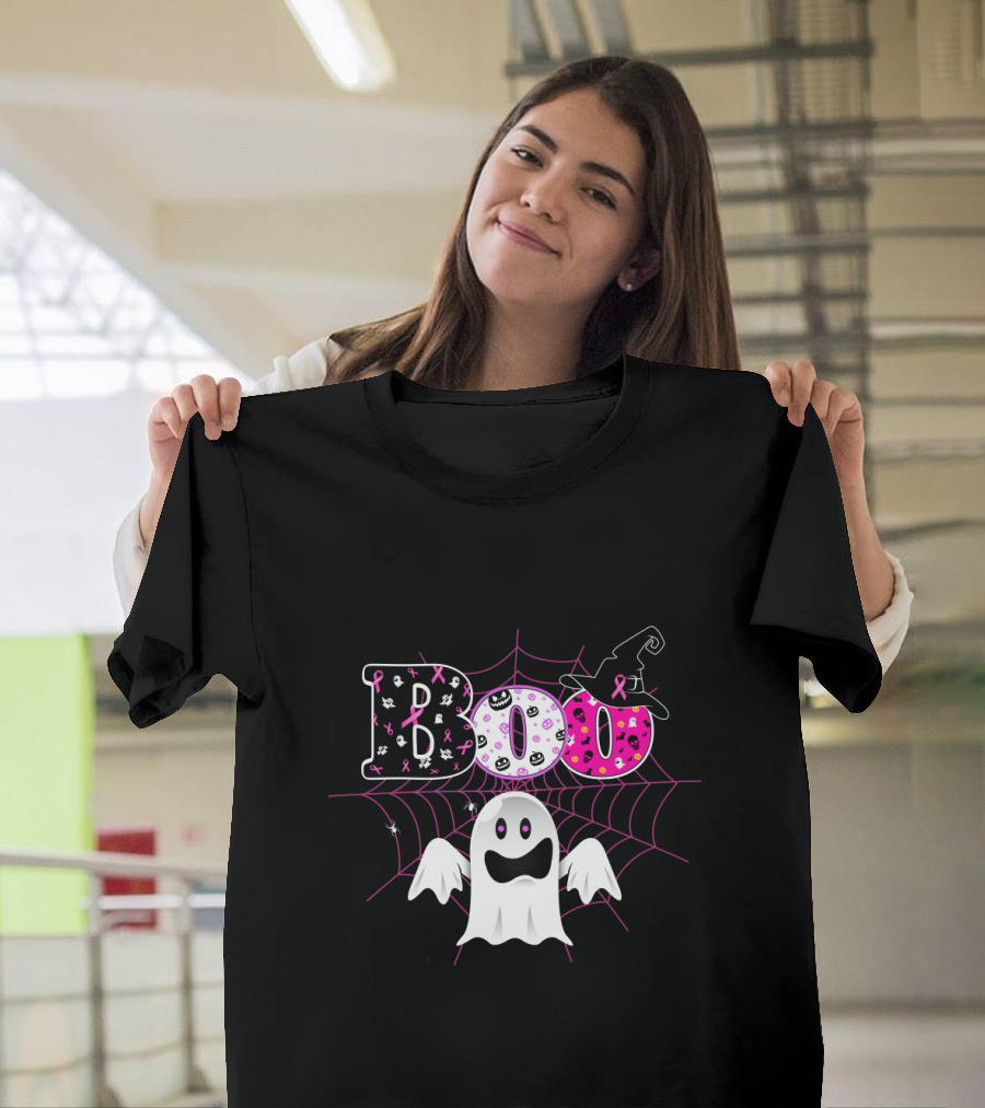 Boo Breast Cancer Awareness Halloween Ghost With Pink Ribbons And Witch Hat T-Shirt