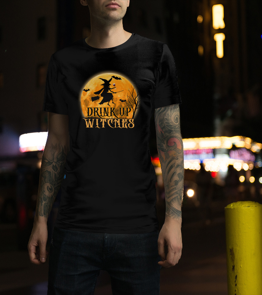 Drink Up Witches Wine Halloween Moon Bats Broomstick T-Shirt