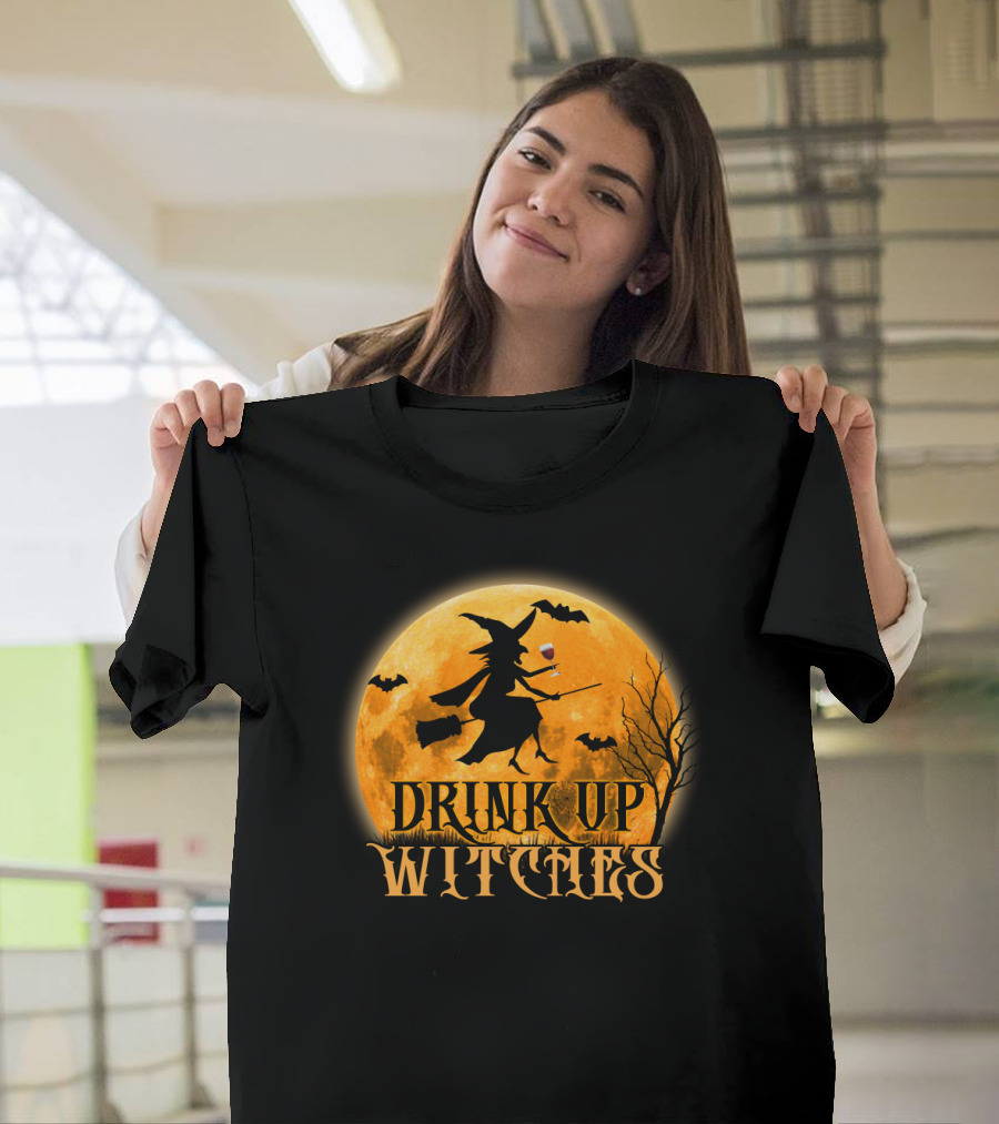 Drink Up Witches Wine Halloween Moon Bats Broomstick T-Shirt