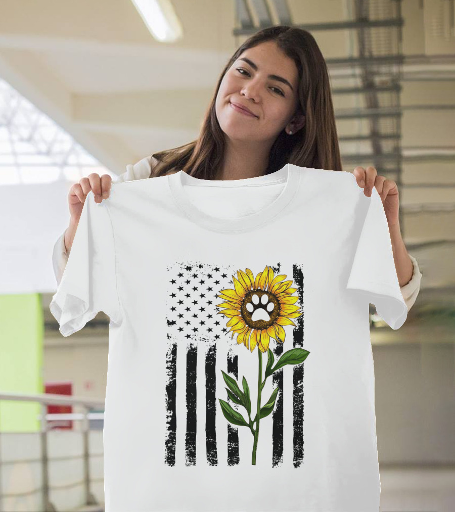 Sunflower Dog Paw Over American Flag Background T-Shirt