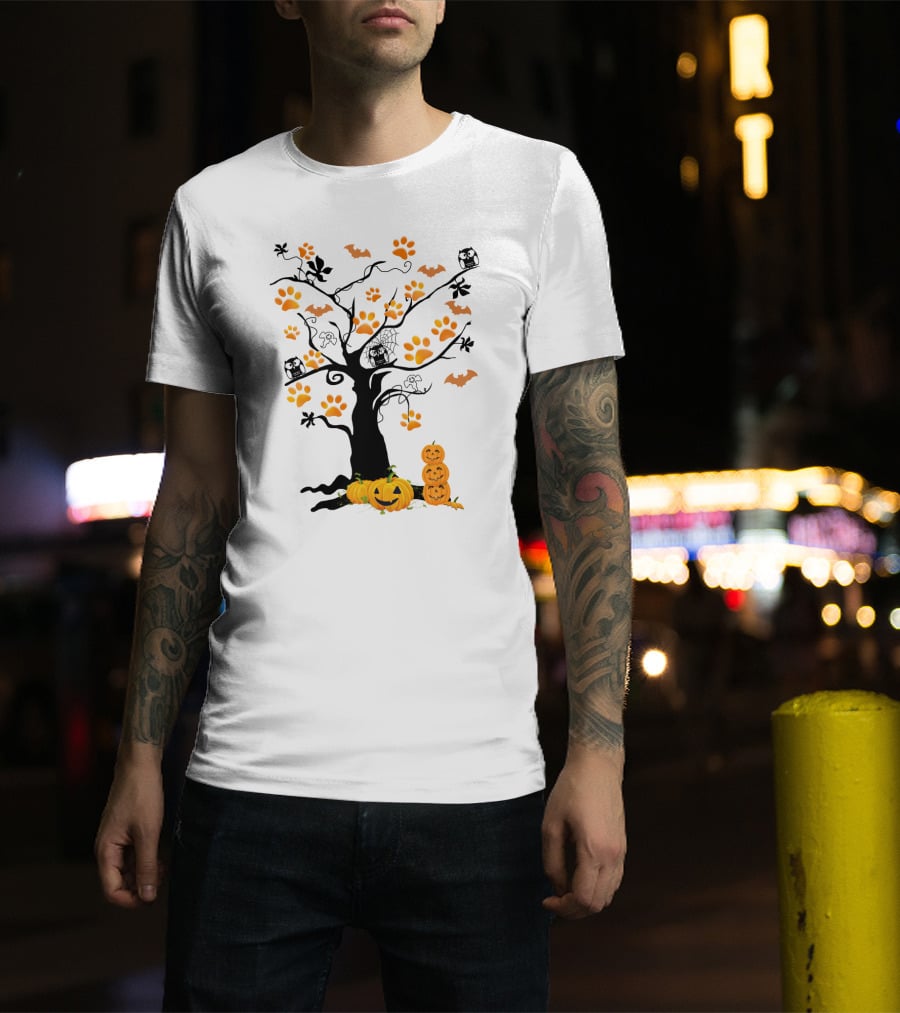 Dog Paw Tree Halloween Pumpkins Bats Owls Ghosts T-Shirt