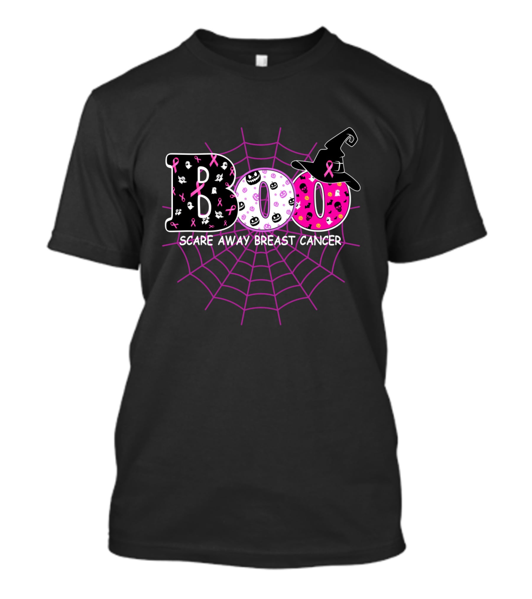Boo Halloween Witch Hat Pink Ribbon Scare Away Breast Cancer Awareness T-Shirt