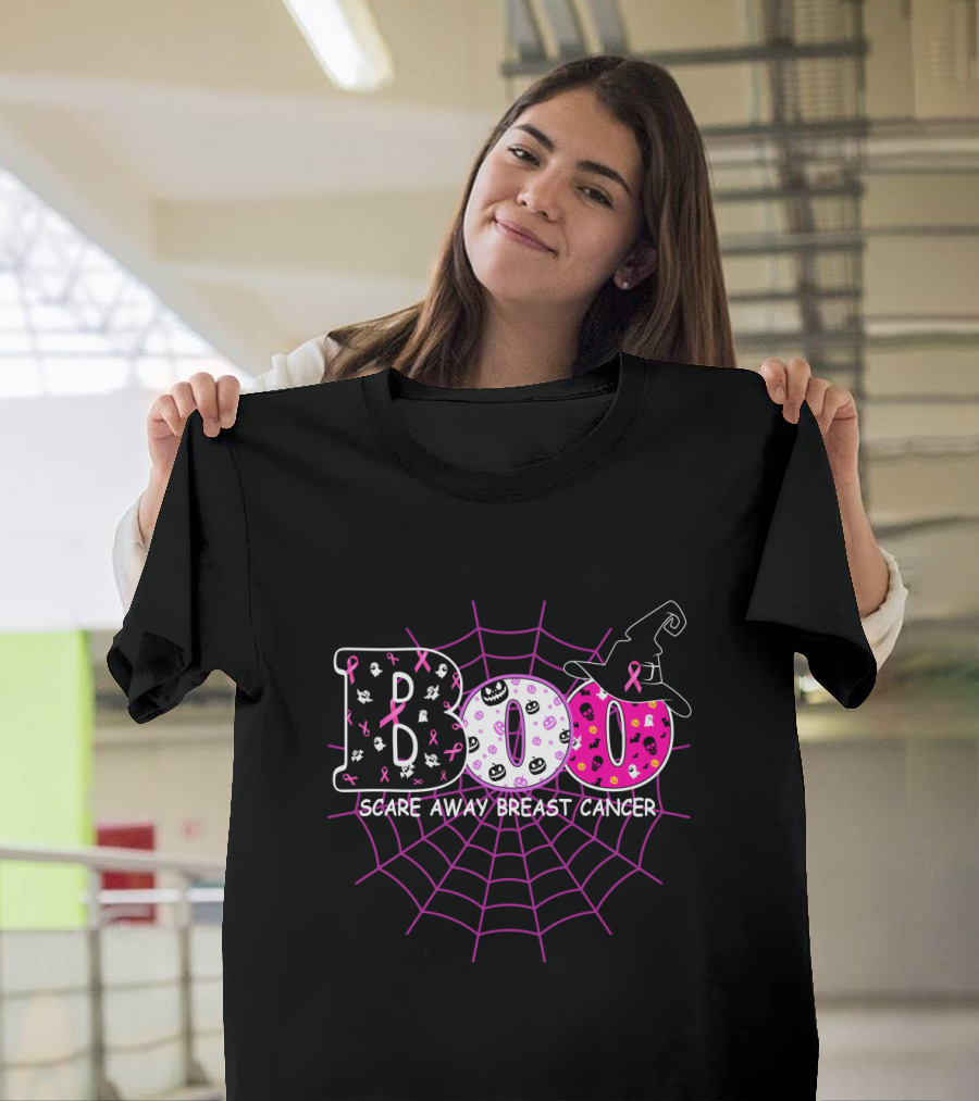 Boo Halloween Witch Hat Pink Ribbon Scare Away Breast Cancer Awareness T-Shirt