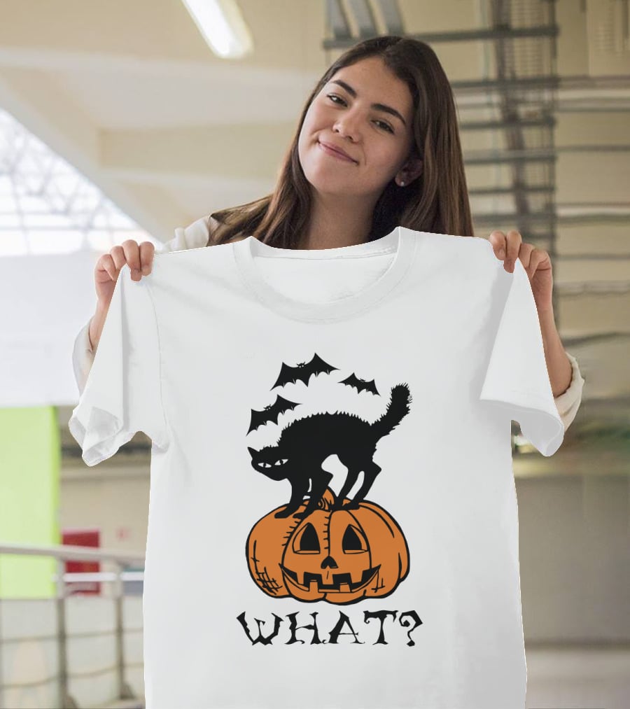 WHAT Black Cat Halloween Pumpkin Bats T-Shirt