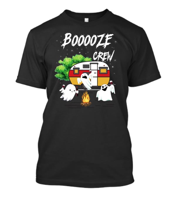 Booooze Crew Ghost Camping With Campfire Caravan And Wine Glasses T-Shirt