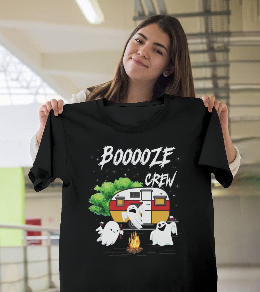 Booooze Crew Ghost Camping with Campfire Caravan and Wine Glasses T-Shirt