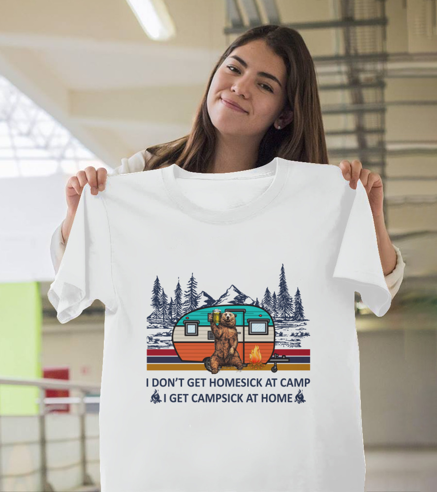 I Don't Get Homesick At Camp I Get Campsick At Home Bear Drinking Beer Camper Mountain Pines T-Shirt