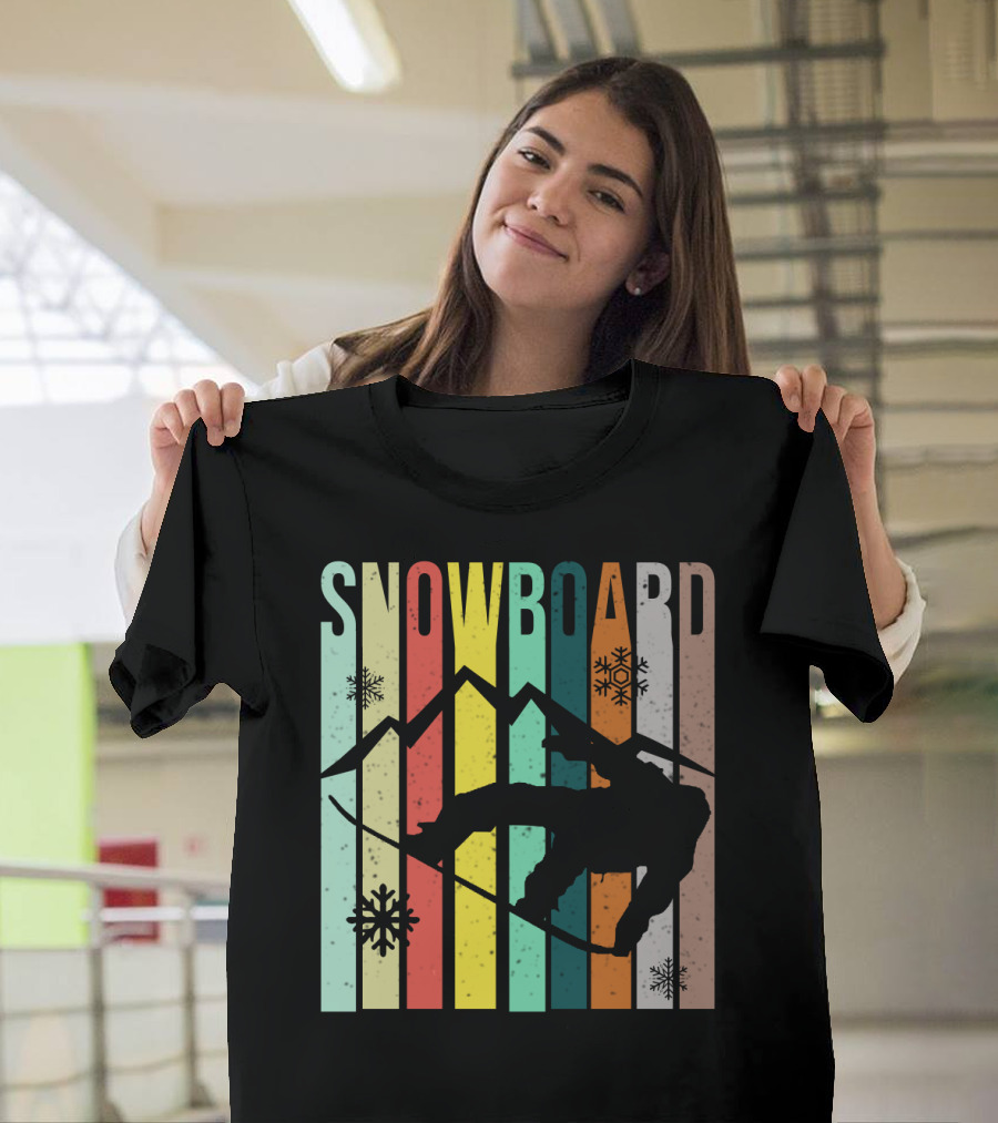 Snowboard Snowboarding Retro Mountain Silhouette Snowflakes T-Shirt