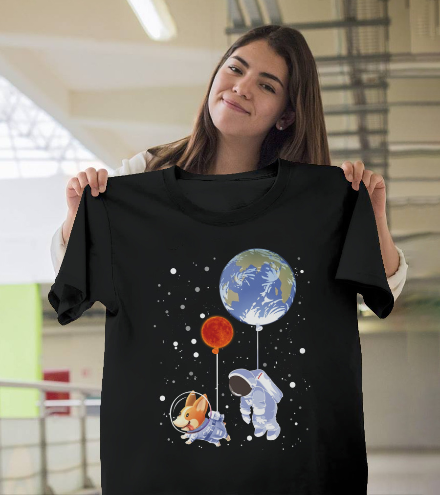 Corgi Astronaut And Human Floating With Earth And Mars Balloons In Space T-Shirt