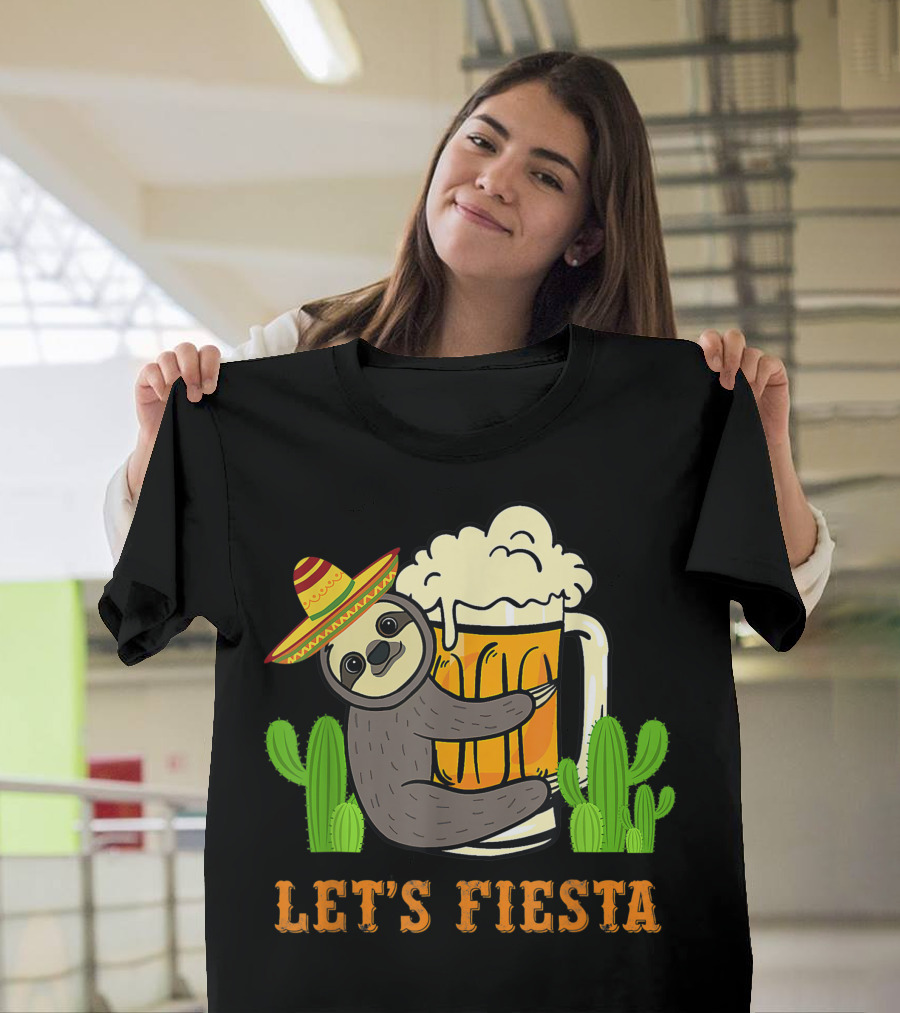 Let's Fiesta Sloth with Beer and Mexican Cactus Celebrating Cinco De Mayo T-Shirt