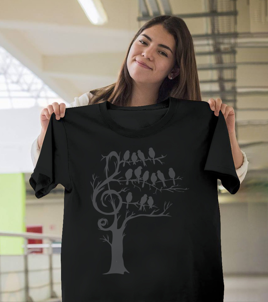 Symphony of Life Tree with Birds Forming a Musical Note T-Shirt