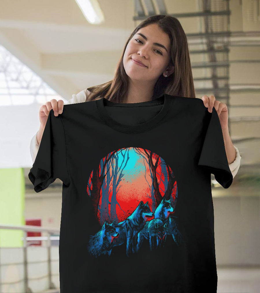 Wolf Haven V.2 Wolves Under Red Moonlit Forest T-Shirt
