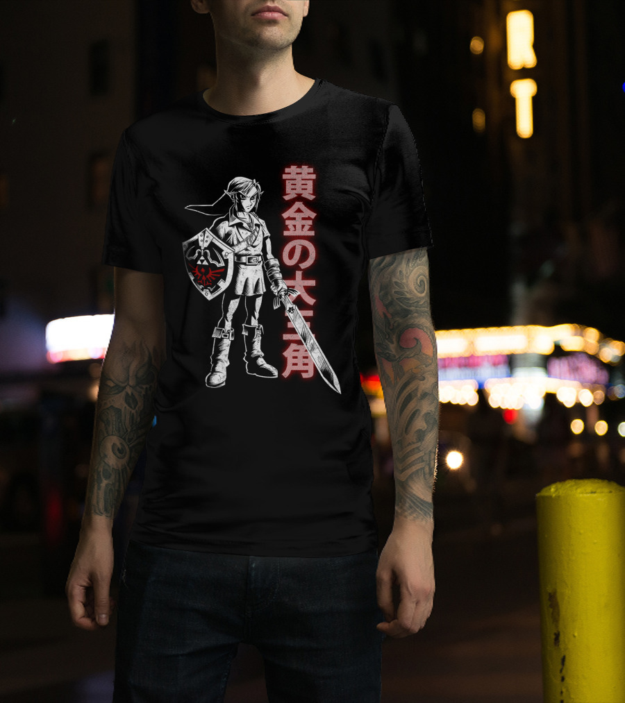 Hero Of Time Legend Of Zelda Link Hylian Shield Japanese Text T-Shirt