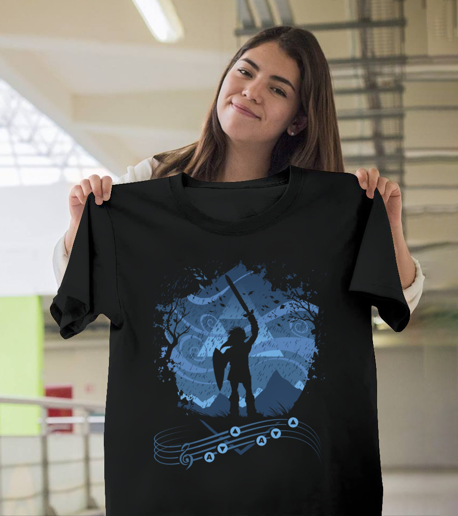 Song Of Storms Legend Of Zelda Link Silhouette With Musical Notes And Sword Uplifted T-Shirt