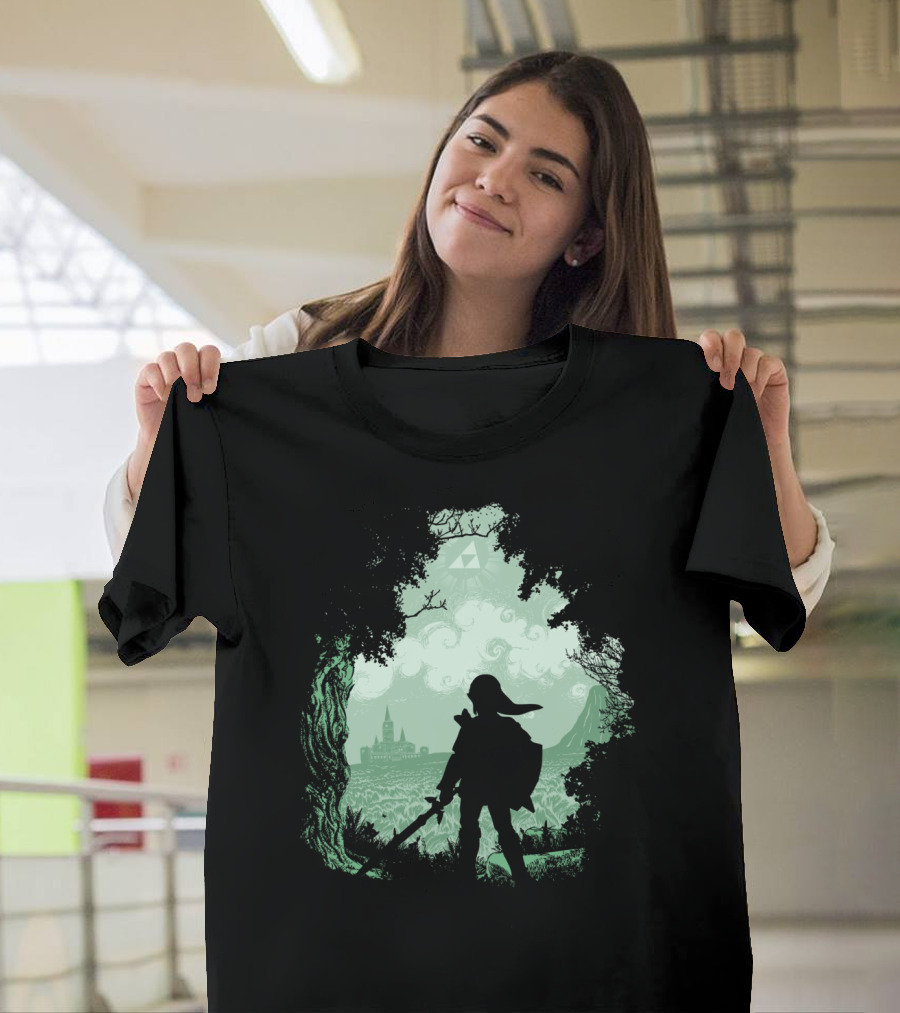 The Adventure Begins Legend of Zelda Link Silhouette with Hyrule and Triforce in Forest Scene T-Shirt