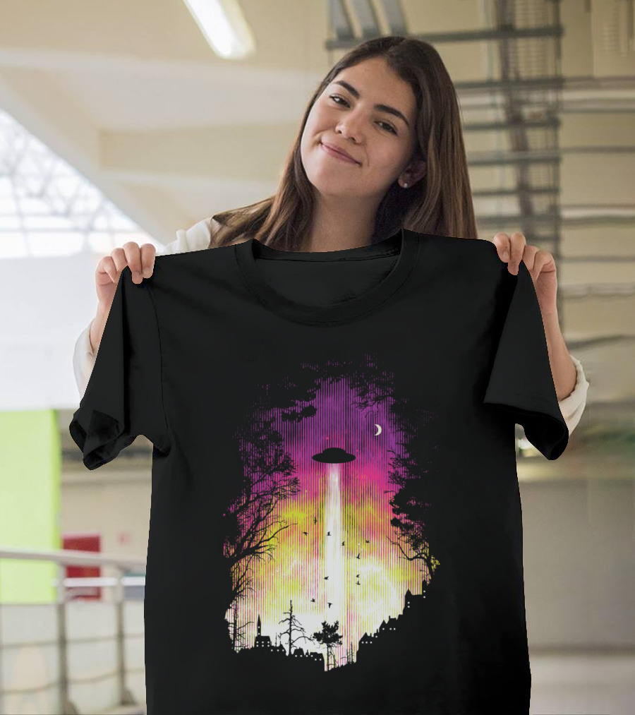 Alienation Radiation UFO Cityscape Night Sky T-Shirt