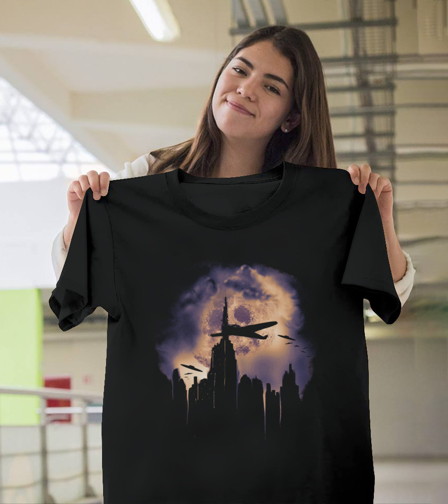 Invasion of the Foo Fighters Cityscape Silhouette with Airplanes and Skull Moon T-Shirt